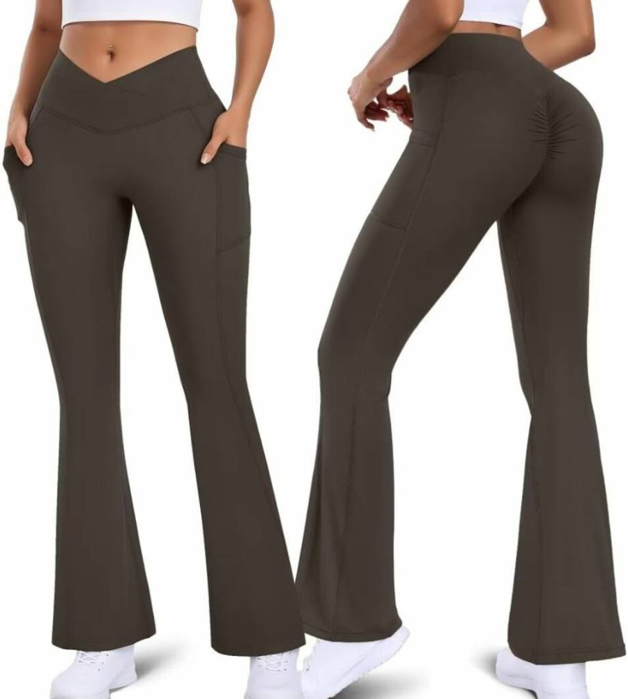 Vertvie Women's Scrunch Butt Yoga Pants with Pockets - Flare Leggings for Workout, Gym & Lifting - V Crossover Bell Bottom Fitness Leggings