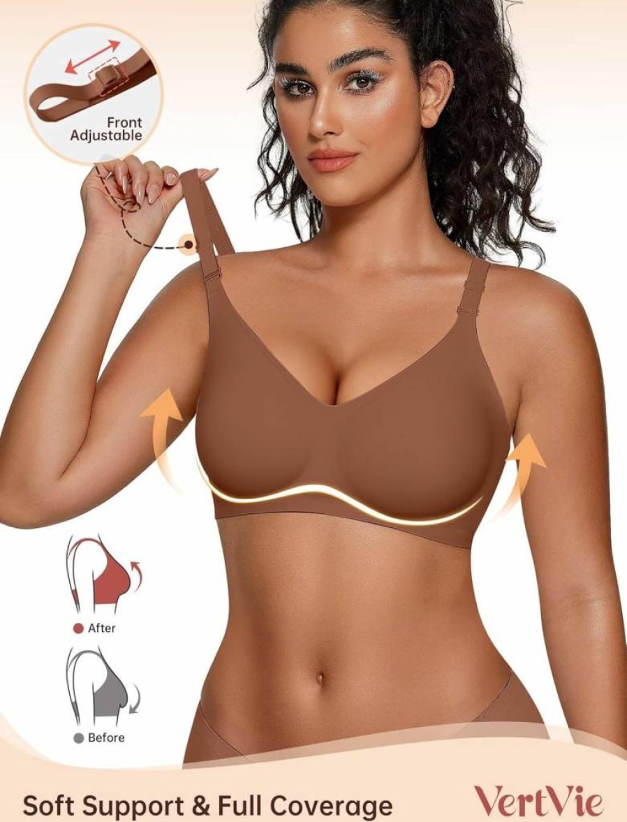 Vertvie Wireless Seamless Sports Bra for Women - No Underwire, Full Coverage, Push Up, Underarm Smoothing T-Shirt Bra